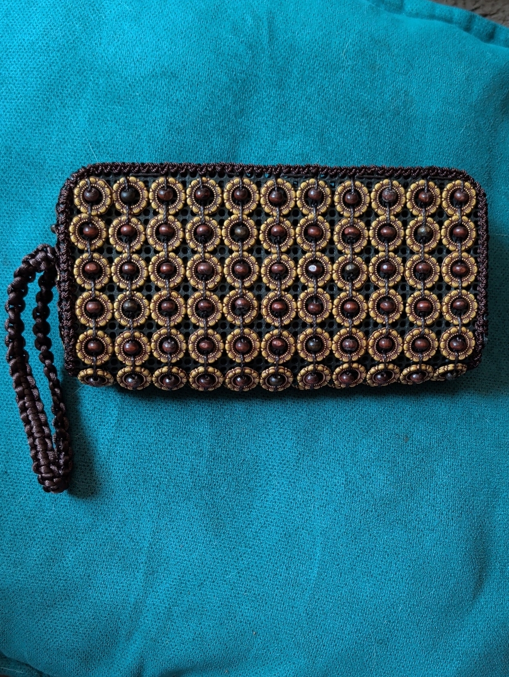 Embellished Brown and Gold Beaded Wristlet Clutch